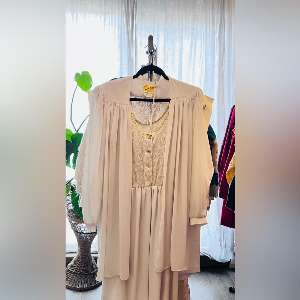 🇨🇦 Vintage Cream Lace & Gold Button Dress With Overlay Cape | Made in Canada